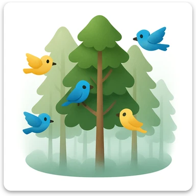 Create a forest emoji inspired by the reference image with tall thin trees, a misty atmosphere, and a simplified emoji-like style. Add a few cartoon birds perched or flying among the trees. The style should be similar to the reference but adapted for emoji use. sticker