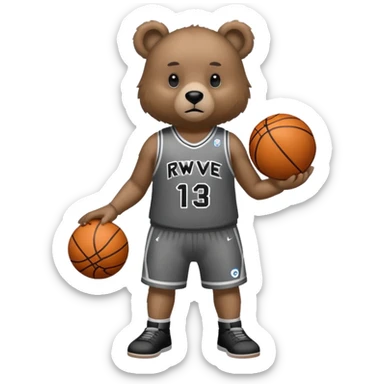 Bear with full body and wearing basketball black and gray jersey that says RWE  sticker