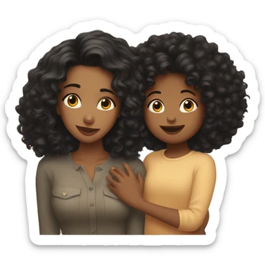 Mom with black short curly hair kissing daughter with long blonde hair on cheek sticker