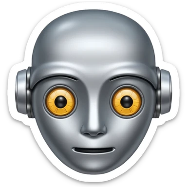 A friendly robot face with innocent eyes and an uncovered brain sticker