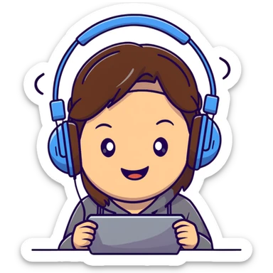 brown-haired gamer girl, excited expression, headphones, head only, emote sticker