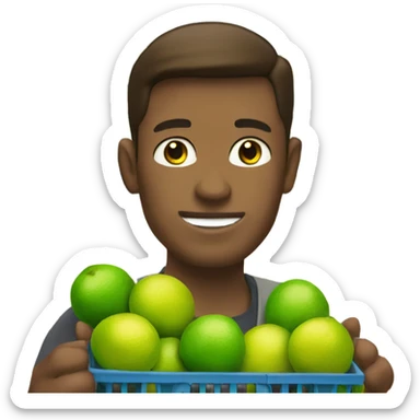 A white man with brown hair and tall carrying many limes in his hands in a supermarket. Make it so the limes are nearly overflowing the basket. sticker