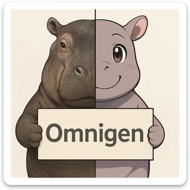 two hippo holding sign of omnigen, half picture 1 hippo is realistic another half is the anime of that same second hippo, with before after mark sticker