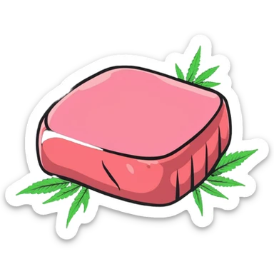 Pink wagyu steak with cannabis leaf decoration sticker