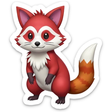 Red, brown, black, white, yellow, Zangoose-Cacomistl-Red-Panda-Rattata-Skitty-Noibat-Purrloin-Fakemon-hybrid-creature (full body) sticker