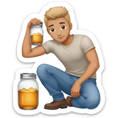 Man bending down to sit on a mason jar sticker