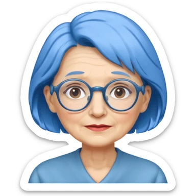 old lady with blue hair, wearing glasses, slight curl sticker