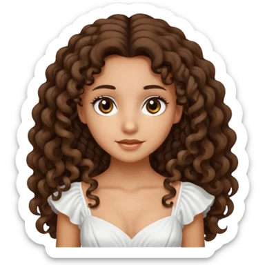 Light tanned skin girl with dark brown very long curly hair, dark eyes, white dress  sticker
