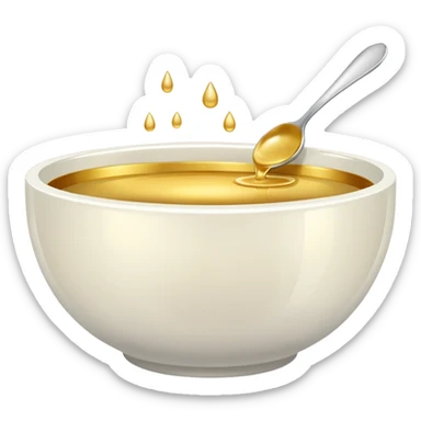 white bowl filled with gold liquid, plain, smooth surface, no spoon, simple, clear sticker