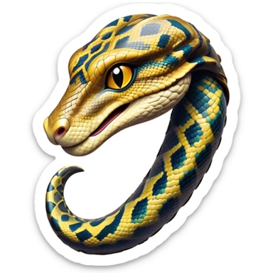 Cinematic Noble Python Portrait Emoji, Poised and regal, with a powerful, sinuous body adorned in intricate scale patterns and piercing, focused eyes, Simplified yet sharp and sophisticated features, highly detailed, glowing with a soft, earthy glow, high shine, intelligent and formidable, stylized with an air of primal elegance, focused and commanding, soft glowing outline, capturing the essence of a watchful and confident serpent that appears ready to coil out of the screen with effortless authority! sticker