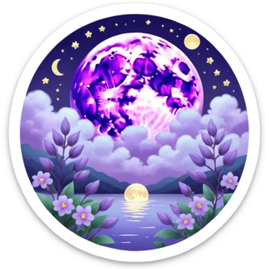Beautiful poetic ethereal romantic magical aesthetic shiny pretty floating pastel lilac lavender Violet full moon and flowers and leaves aesthetic pastel clouds scenery  sticker