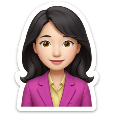 Ultra cute 3D emoji of a Korean woman, long wavy black hair, big brown eyes, small nose, warm smile, smooth pastel skin, wearing a magenta blazer over a dark top, on a solid lemon yellow background. Clean Pixar-style, soft lighting, simple shapes, no text, no background objects, high resolution. sticker