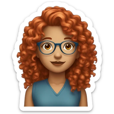pretty girl with curly copper hair and blue glasses holding a big banner sticker