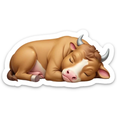 Meme-Worthy Cute Sleeping Domestic Bull Portrait Emoji, Head resting peacefully with a contented smile, showcasing a robust, muscular build and a luxuriously soft coat, eyes gently closed in serene, restful slumber, Simplified yet hilariously adorable features, highly detailed, glowing with a soft, drowsy natural light, high shine, relaxed and utterly lovable, stylized with an air of playful laziness, soft glowing outline, capturing the essence of a sleeping domestic bull that feels destined to become the next viral sensation of adorable rest! sticker