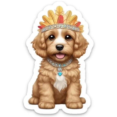 blond cavapoo puppy wearing a featheredheaddress sticker