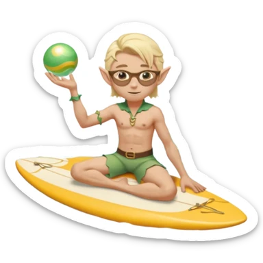 elf male legolas sitting on surfboard (ashore), hands manipulating two orbs of swirling seawater giving a "massage" to his own shoulders, wearing relaxed linen shorts over swimwear, tinted elven sunglasses, pointy ears, content expression, centered emoji sticker