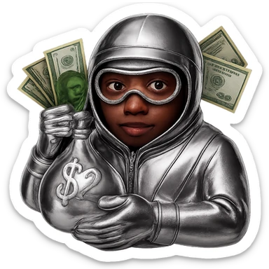 Make the face slimmer and more natural, not fat. Keep the face brown, money green, and everything else chrome in 3D metallic style. Remove the background. sticker