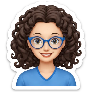 woman with extra large forehead, extra long dark brown spiral curled hair, blue glasses, smiling with head tilted sticker