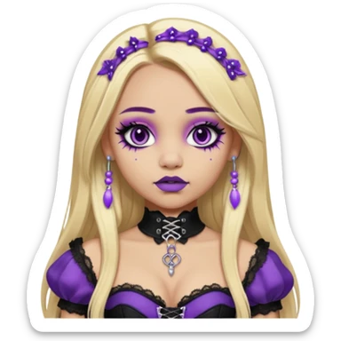 Ai light skin girl , who has straight long length blonde hair with heavy purple streaks , hazel eyes , and doll like makeup , with a septum piercing, nostril piercing, in a black corset emoji sticker