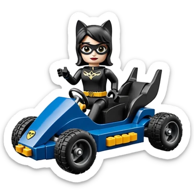 full size real-appearance electric road Lego racing sexy CatWoman’s feminine midnight-colored tight outfit sixty’s tv show dark stealthy accurate sporty safe plush deluxe off-road pursuit drifting car jaguar (black hair,reclined and relaxed torso and shoulders back seating position) cross kart  sticker