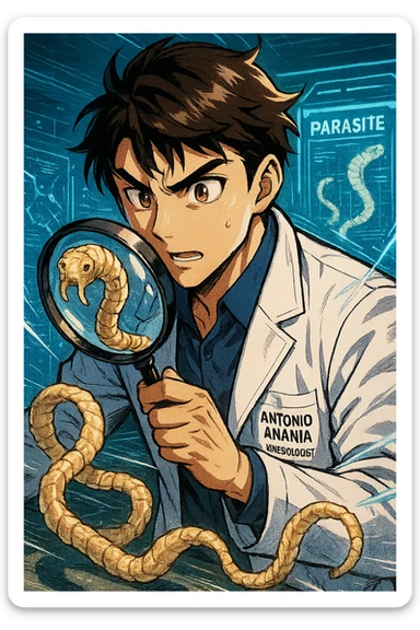 A dynamic manga/webtoon-style illustration of a young male kinesiologist wearing a clean white lab coat, analyzing light beige worms like a tapeworm under a magnifying glass. His expression is focused and slightly intrigued, with sharp, detailed eyes. The art style is vibrant, with bold linework, rich colors, and dramatic lighting. The background is a futuristic laboratory with glowing holographic screens displaying parasite data. The tapeworm is intricately drawn, slimy and segmented, with a slightly exaggerated yet realistic texture. The composition is dynamic, with motion lines or energy effects to emphasize his scientific investigation. The atmosphere is intense but not dark, keeping a balance between scientific seriousness and stylish manga aesthetics, he has "ANTONIO ANANIA" WRITTEN ON WHITE LAB COAT sticker
