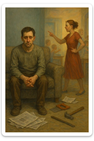 Uomo tra i 35 e i 45 anni, seduto in disparte sul divano con sguardo spento e postura chiusa, mentre la moglie, in piedi, gesticola con decisione e dirige la scena familiare (dando ordini ai figli o organizzando la casa). Intorno, simboli visivi della perdita di ruolo maschile: giornali accartocciati, strumenti da lavoro inutilizzati, l’uomo con vestiti trasandati o troppo neutri. La donna appare energica, determinata, mentre lui è passivo e disconnesso. Atmosfera domestica fredda o neutra. Colori sbiaditi attorno all’uomo, più vividi attorno alla donna. Stile realistico con tono simbolico. sticker