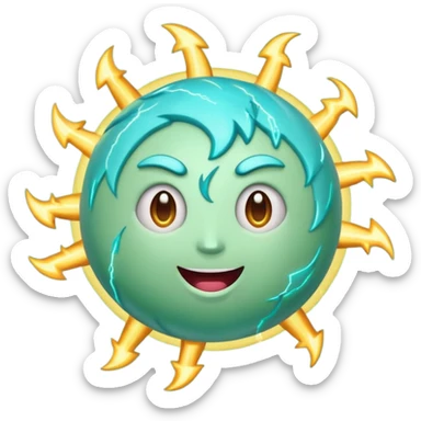 Uranus emoji in Apple style, blue-green planet with rings, big excited and playful face, surrounded by bold lightning bolts, radiating chaotic and electric energy sticker