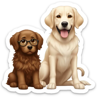 Smiling girl with long dark wavy brown hair and red glasses next to a small shaggy golden Labrador dog with brown eyes sticker