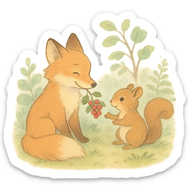 a fox and squirrel sharing berries, forest friendship scene, soft pastel colors sticker