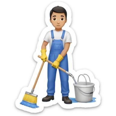 Custodian with yellow rubber gloves, white T-shirt, blue overalls, mopping floor sticker