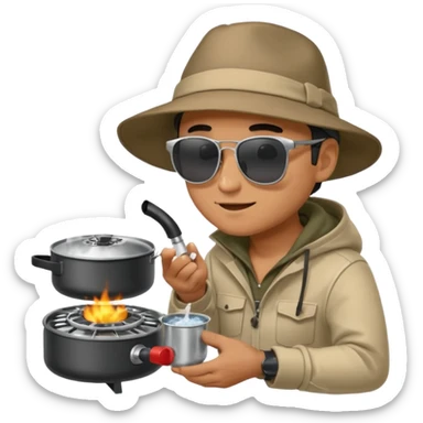 A man camper boiling water on a portable stove, enjoying the outdoor sticker