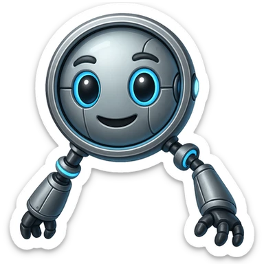 Make this magnifying glass look robotic with metallic textures, robotic joints, and glowing blue accents. Keep the emoji style and no background. sticker