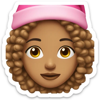 light brown skinned pretty woman with long black curly hair and almond brown eyes with pink christmas hat with big lips sticker