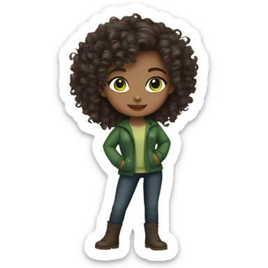 curly light-skinned girl with green eyes and dark brown curly long hair designer sticker