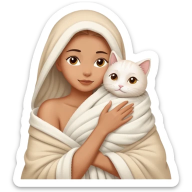 A beautiful woman wrapped in a blanket after taking a bath hugs a white cat sticker
