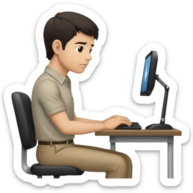  iOS emoji style - Side profile full body of a man sitting at a desk with very poor posture. He has dark hair and wearing a collared-shirt.   sticker