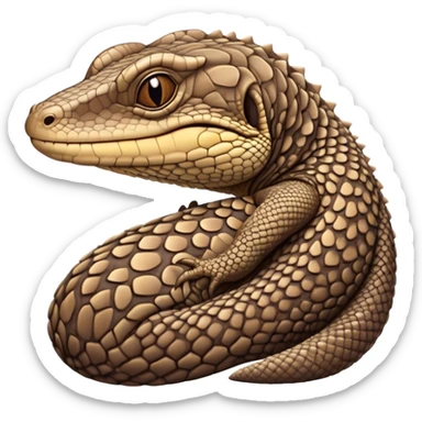 Meme-Worthy cute Sleeping brown camo spotted monitor Lizard Portrait Emoji, Head resting peacefully with a contented smile, showcasing intricately patterned scales and eyes gently closed in serene slumber, Simplified yet comically adorable features, highly detailed, glowing with a soft, drowsy earthy light, high shine, relaxed and utterly lovable, stylized with an air of playful laziness, bright and heartwarming, soft glowing outline, capturing the essence of a sleeping reptilian guardian that feels destined to become the next viral icon of adorable rest! sticker