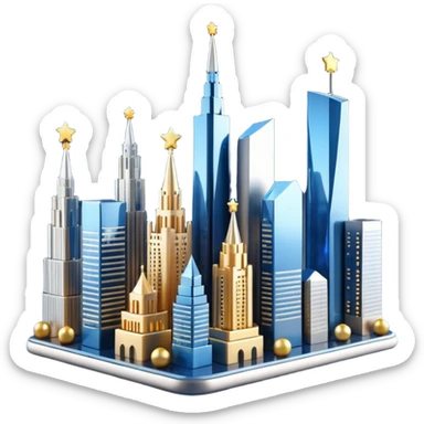 3D emoji of Moscow City business district skyline. A cluster of stylized skyscrapers with different shapes (gold, blue, silver). Decorated with tiny glowing Christmas lights. Soft 3D render, clay and glass textures, Apple aesthetic, isolated on a white background. sticker