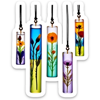 Create an icon that represents decorative arts using epoxy resin in tubes. The design should feature colorful tubes of resin, including fluorescent resin tubes, with visible drops or strokes of resin being applied to create intricate designs. Include finished resin jewelry pieces, such as pendants or rings, containing preserved flowers and insects encased in clear resin. The composition should feel vibrant, artistic, and delicate, showcasing the unique beauty of resin art with natural elements. The background should be transparent sticker