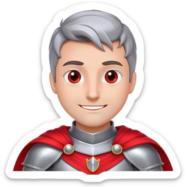 Create a side-view RPG character asset in a clean. The character is a brave knight with exaggerated, rounded features and minimal linework. They wear polished armor in silver tones, with a bright red cape flowing behind them. The face should have large, expressive eyes and a friendly smile that’s clearly visible even from the side view. Keep proportions simple and cartoony. The stance is slightly turned to emphasize the character’s side profile (facing right), with one hand on the hip and the other resting on a sheathed sword at the waist. The colors should be vibrant and easy to read, with smooth shading reminiscent of typical emoji designs. Include two variations: one idle pose and one simple walking pose, each capturing the playful, streamlined look of emoji-like characters. sticker