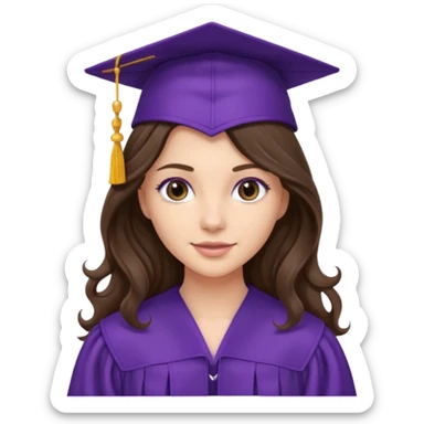 pretty brunette with long wavy hair wearing a purple graduation cap and gown sticker