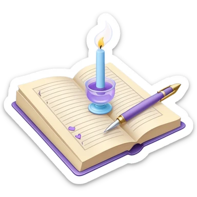 Create a whimsical and poetic emoji symbolizing poetry. The design should have several elegant pages floating smoothly in the air with short poetic columns written on them. Add a white pen resting gracefully on the pages and an inkwell. The overall color palette should include soft pastel tones such as light blue, purple and cream, which will add airiness and dreaminess to the design. Make the background transparent sticker