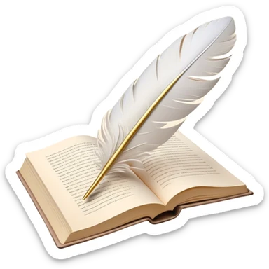 Create a delicate and elegant emoji representing poetry. The design should feature several gracefully flying pages with short poetic lines written on them. A white feather quill should be gently resting on one of the pages or floating nearby, symbolizing creativity and inspiration. The pages should look soft and flowing, evoking the fluid nature of poetry. Use a subtle color palette with white, light pastels, and a touch of gold for accents. Make the background transparent. sticker