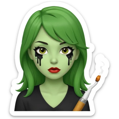 {
  "prompt": "3D cartoon-style green-skinned girl with long brown hair and a side-swept bang. Large brown eyes with black dripping makeup, white V-neck shirt, cigarette in her mouth, dark background. Same proportions and style as the original description.",
  "size": "1024x1024"
} sticker