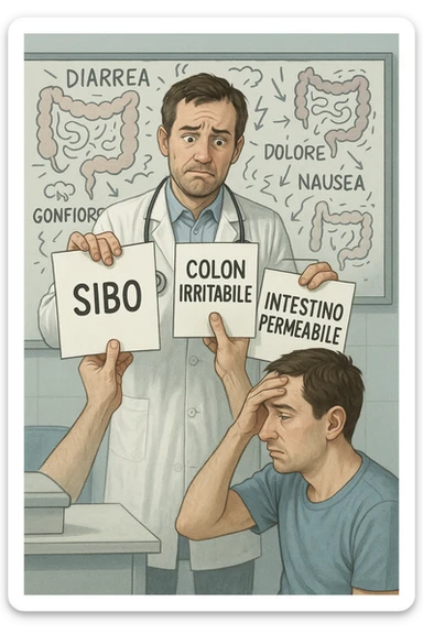 Scena clinica con un medico confuso in camice bianco davanti a un paziente seduto. Il medico ha tre fogli in mano, e li mostra uno alla volta con espressione incerta: il primo dice 'SIBO', il secondo 'Colon Irritabile', il terzo 'Intestino Permeabile'. Il paziente ha un’espressione confusa e scoraggiata, con una mano sulla fronte. Sullo sfondo una lavagna caotica con disegni di intestino e sintomi ovunque. Stile realistico con tocchi ironici, toni freddi da ambulatorio ma con un messaggio visivo forte di incertezza diagnostica. in italiano sticker