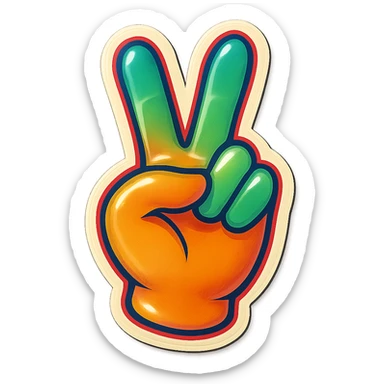 a peace sign hand gesture with colorful outlines, retro sticker style sticker