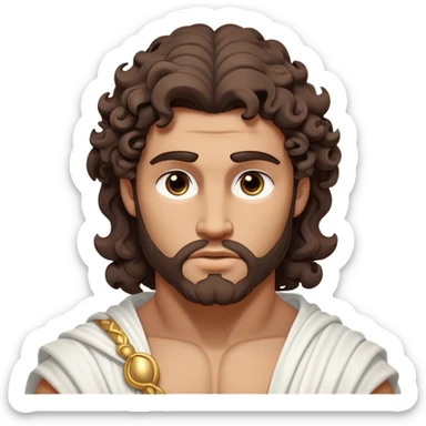 Cinematic Realistic Hercules Portrait, depicted as a classical Greek hero inspired by the Disney version yet echoing the refined proportions and serene dignity of Michelangelo's David. His idealized, tan skin glows with timeless strength, and his thick, curly wavy dark brownhair falls in natural, sculpted curls. Draped in a flowing white robe with delicate golden accents, his expressive eyes radiate determined nobility, all rendered under dynamic natural lighting with a mythic, radiant glow. sticker