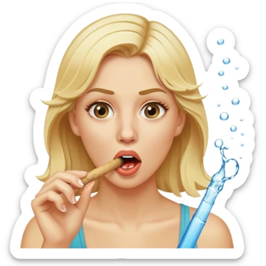 blond woman biting a skin-tone stick, water jet shooting from the stick into her mouth, surprised look sticker