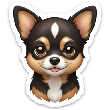 Cinematic Cute Black Tri Short Haired Chihuahua Portrait Emoji, Head tilted playfully and inquisitively, sleek black tri-color fur with bold patches of white and tan, round, sparkling dark eyes filled with curiosity, Simplified yet irresistibly adorable features, highly detailed, glowing with a warm, friendly glow, high shine, affectionate and lively, stylized with a touch of whimsy, bright and endearing, soft glowing outline, capturing the essence of a mischievous yet loving pup, so playful it feels like it could bound out of the screen and into your arms! sticker