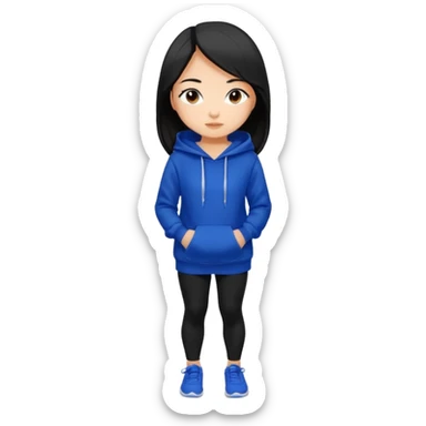 A pretty white/asian tanned girl with medium long strait dark brown almost black hair wearing a royal blue hoodie and black leggings pretty tan sticker